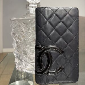 Authentic Chanel Cambon Lamb Quilted Black Wallet with Interlocking Logo